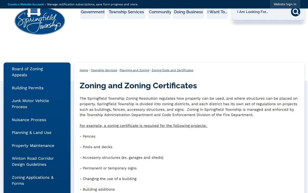 Springfield Township street directory zoning certificates and address-record request source